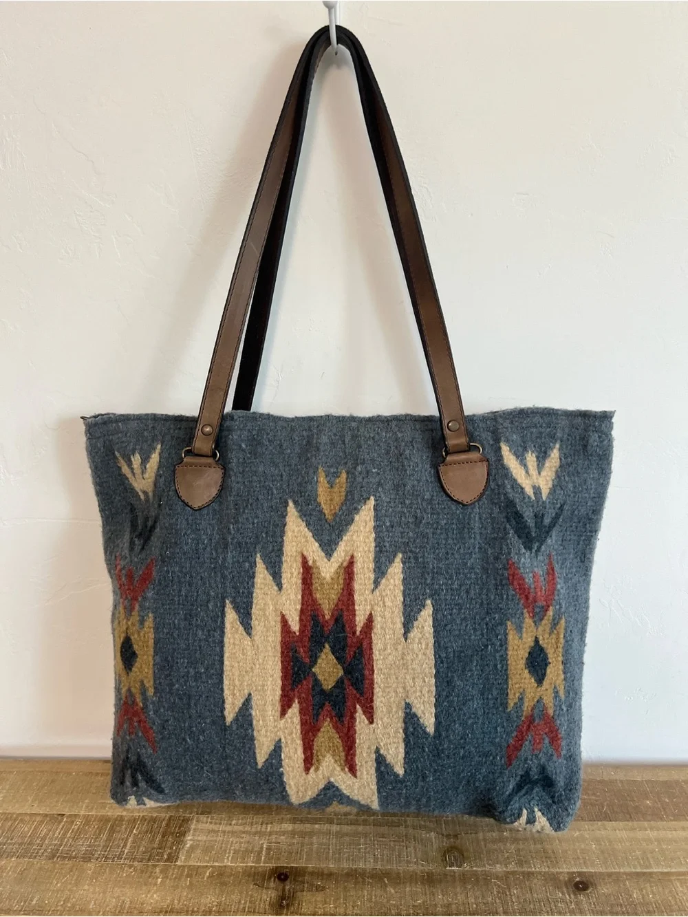 MZ Boho Aztec 100% Wool Tote Bag with Leather Straps - Blue New